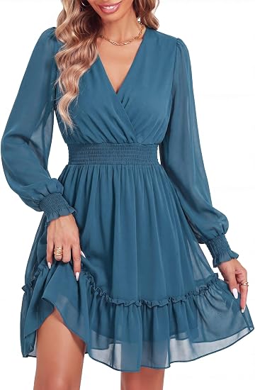 Women's Chiffon Long Sleeve Wrap Neck Wedding Guest Mini Dress | Wrap V Neck Smocked Waist Flowy Dress, Spring Fall Outfits for Cocktail, Vacation, Date Night Party