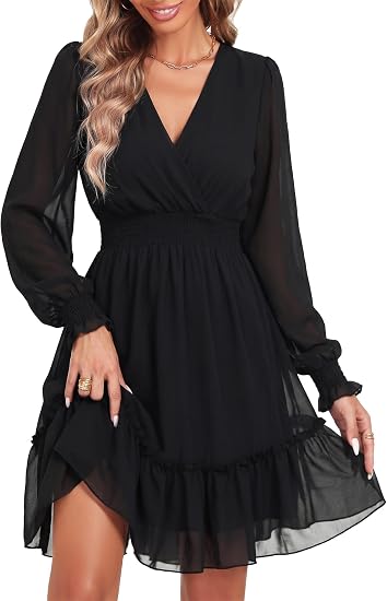 Women's Chiffon Long Sleeve Wrap Neck Wedding Guest Mini Dress | Wrap V Neck Smocked Waist Flowy Dress, Spring Fall Outfits for Cocktail, Vacation, Date Night Party