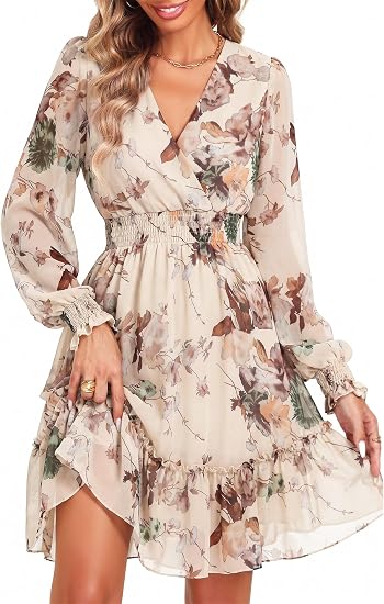 Women's Chiffon Long Sleeve Wrap Neck Wedding Guest Mini Dress | Wrap V Neck Smocked Waist Flowy Dress, Spring Fall Outfits for Cocktail, Vacation, Date Night Party