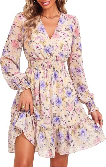 Women's Chiffon Long Sleeve Wrap Neck Wedding Guest Mini Dress | Wrap V Neck Smocked Waist Flowy Dress, Spring Fall Outfits for Cocktail, Vacation, Date Night Party
